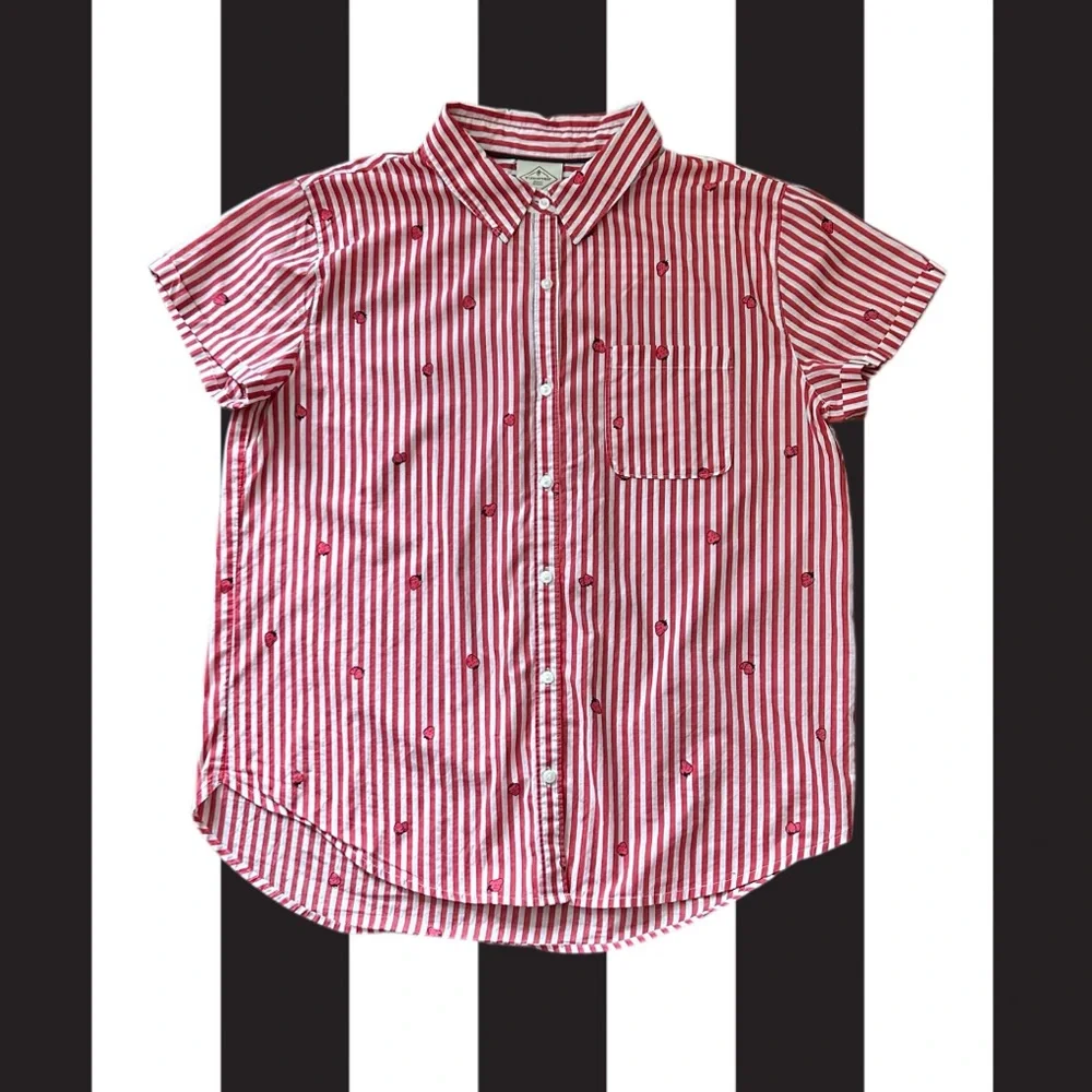 St. John’s Bay Strawberry Striped Button-Up Fruit Top Women’s M Cotton 90s Retro - Picture 4 of 9